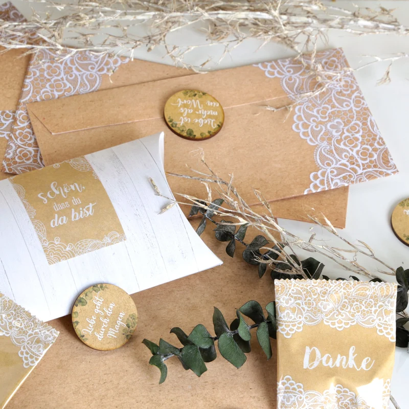 Briefumschläge DIN lang mit Spitzen-Motiv beige braun weiß