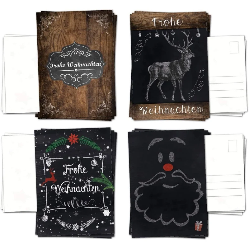 12 Weihnachtspostkarten – Tafelkreide-Optik schwarz-weiß-braun vintage, 3 Designs je 4 Stück