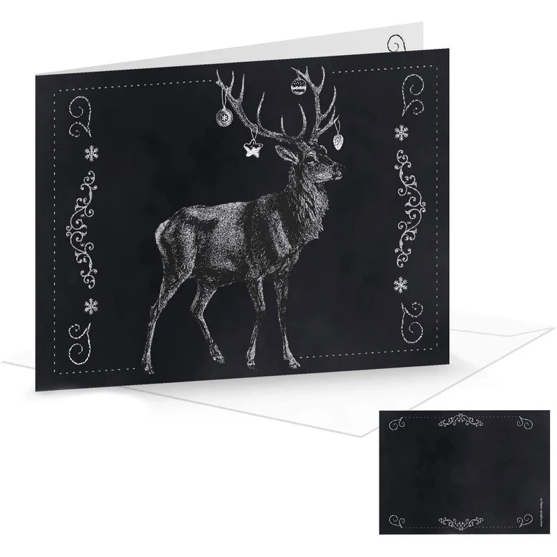 20 Weihnachtskarten Klappkarten mit Umschlag – Hirsch schwarz-weiß