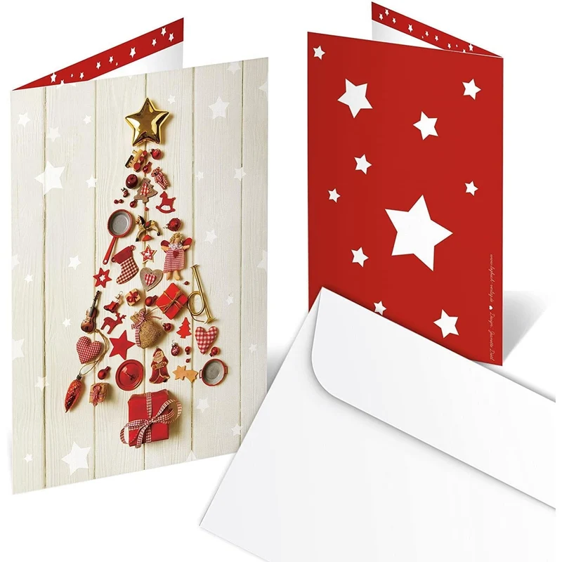 3 Weihnachtskarten DIN A6 Klappkarten – Weihnachtsbaum mit Sternen rot-gold innen blanko