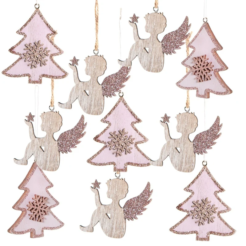 Weihnachtsdeko Set 10 Anhänger - 5 Engel + 5 Bäume rosa Natur weiß - Weihnachtsanhänger