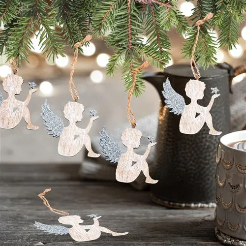 Weihnachtsdeko Set 10 Anhänger - 5 Engel + 5 Bäume Silber Natur weiß - Weihnachtsanhänger