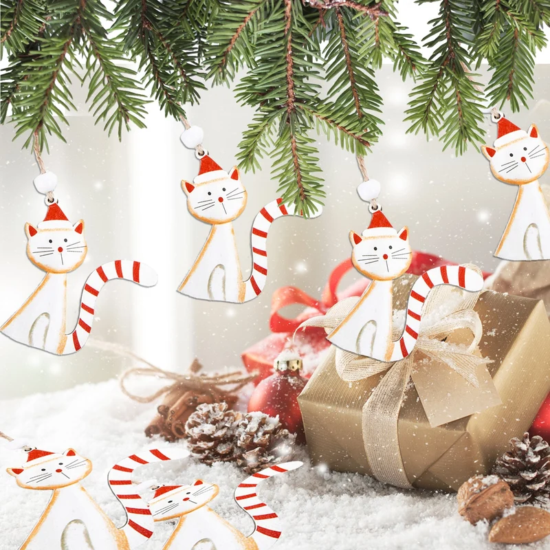 3 Katzen Weihnachtsanhänger rot weiß mit Schnur 7 cm für Katzenliebhaber