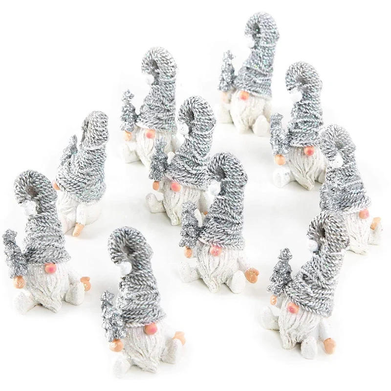 10 Wichtel Figuren silber weiß mit Tannenbaum + Zipfelmütze glitzernd 7 cm