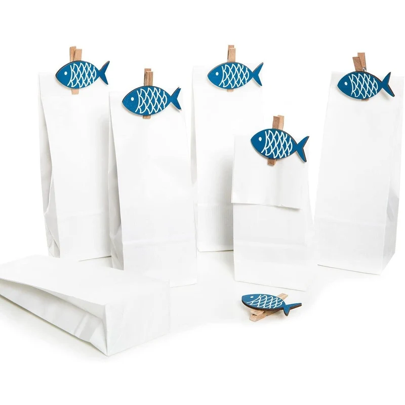 6 Stück kleine braune Papiertüten 7 x 4 x 20,5 cm + 6 maritime blau weiße Fisch-Klammern Zierklammern Deko-Klammern mit 5 x 2,7 cm Geschenktüten Tütchen für give-aways Kommunion