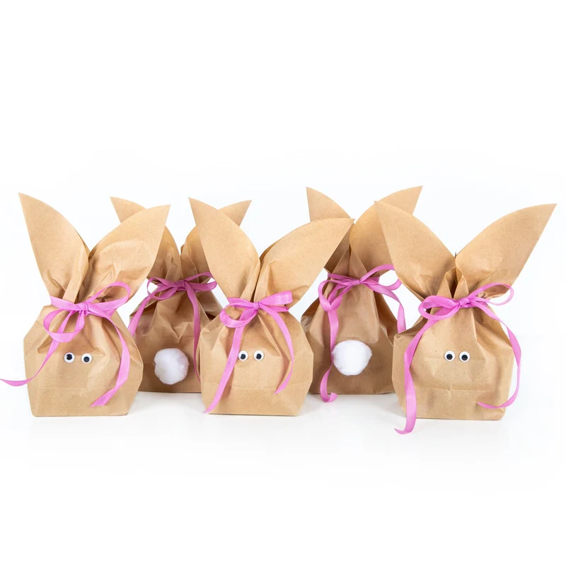 5 Stück braune natürlich lustige Osterhasen Hasen Papiertüten + pink rosa Baumwollband – Alternative zum Osternest f. Kinder + Erwachsene give-away Mitgebsel Verpackung Geschenke zu Ostern
