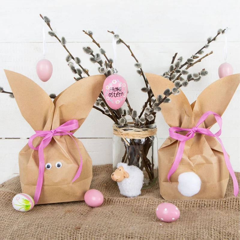 5 Stück braune natürlich lustige Osterhasen Hasen Papiertüten + pink rosa Baumwollband – Alternative zum Osternest f. Kinder + Erwachsene give-away Mitgebsel Verpackung Geschenke zu Ostern