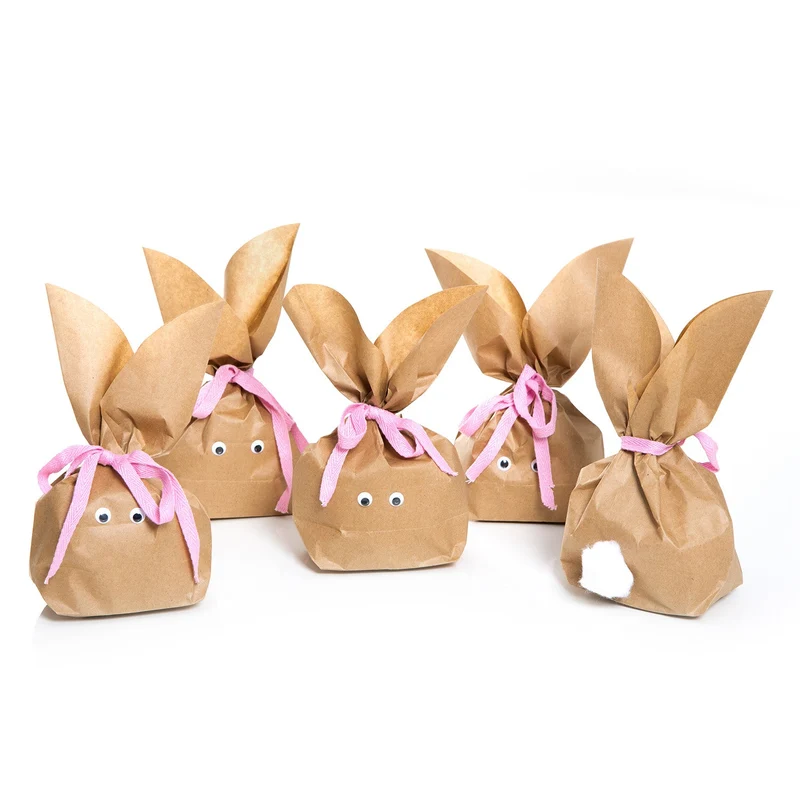 5 Stück braune natürlich lustige Osterhasen Hasen Papiertüten + pink rosa Baumwollband – Alternative zum Osternest f. Kinder + Erwachsene give-away Mitgebsel Verpackung Geschenke zu Ostern