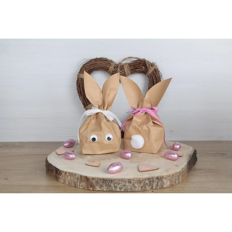 5 Stück braune natürlich lustige Osterhasen Hasen Papiertüten + pink rosa Baumwollband – Alternative zum Osternest f. Kinder + Erwachsene give-away Mitgebsel Verpackung Geschenke zu Ostern