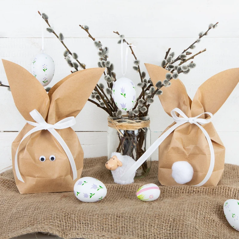 5 Stück braune natürlich lustige Osterhasen Hasen Papiertüten + weiß Juteband – Alternative zum Osternest f. Kinder + Erwachsene give-away Mitgebsel Verpackung Geschenke zu Ostern