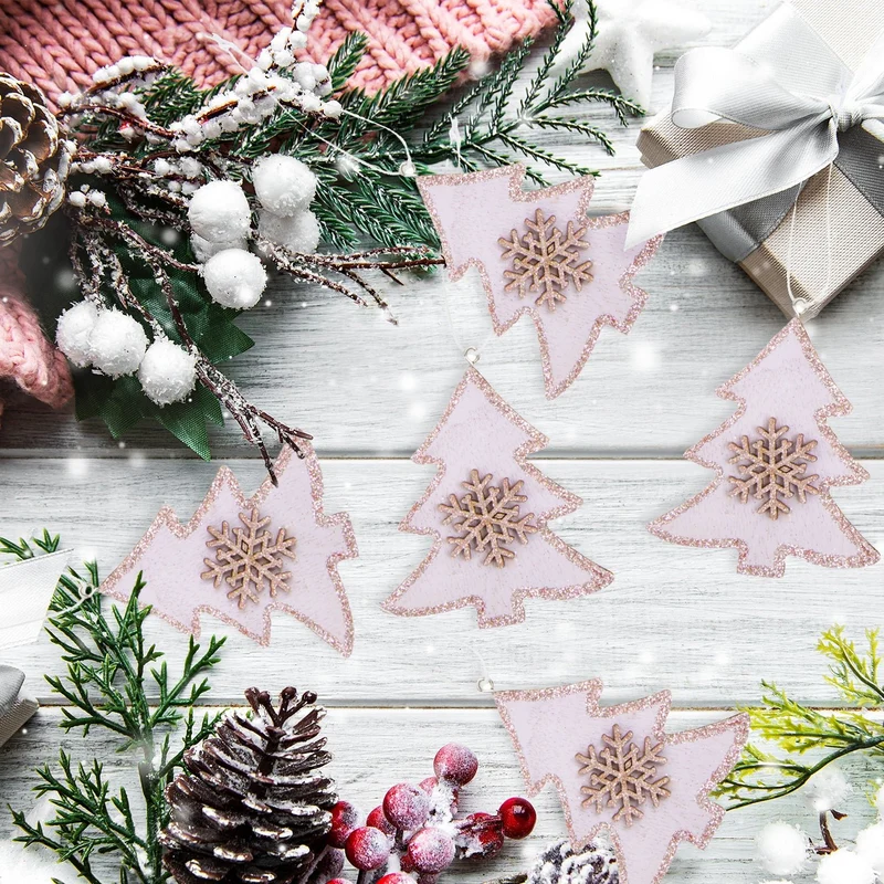 5 Weihnachtsanhänger Baum aus Holz rosa pink mit Glitzer