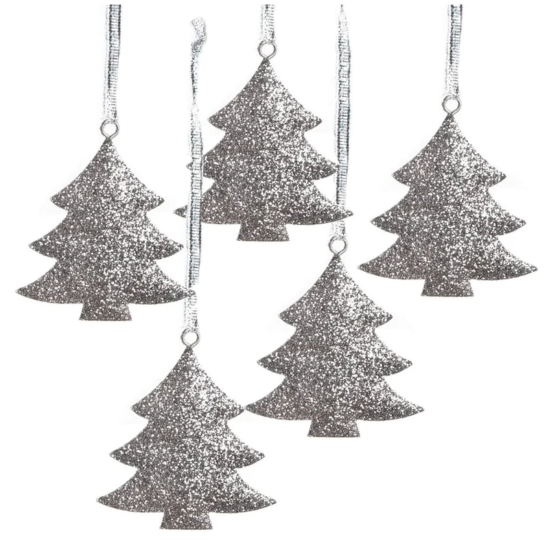 5 Weihnachtsbaum Anhänger Silber glitzernd 8 cm - Metallanhänger Baum - Baumbehang