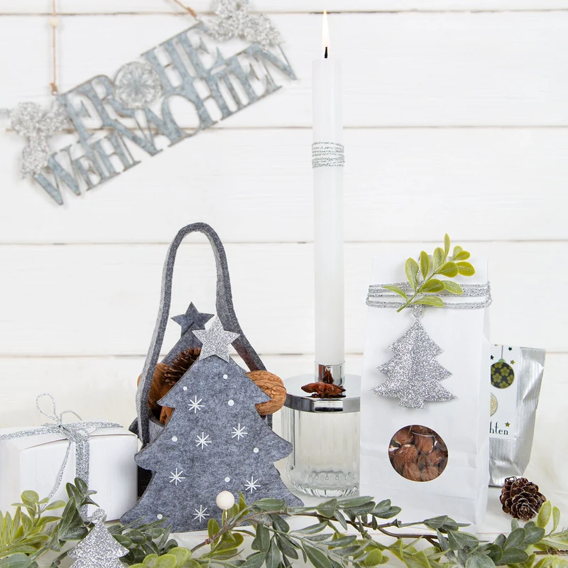 5 Weihnachtsbaum Anhänger Silber glitzernd 8 cm - Metallanhänger Baum - Baumbehang