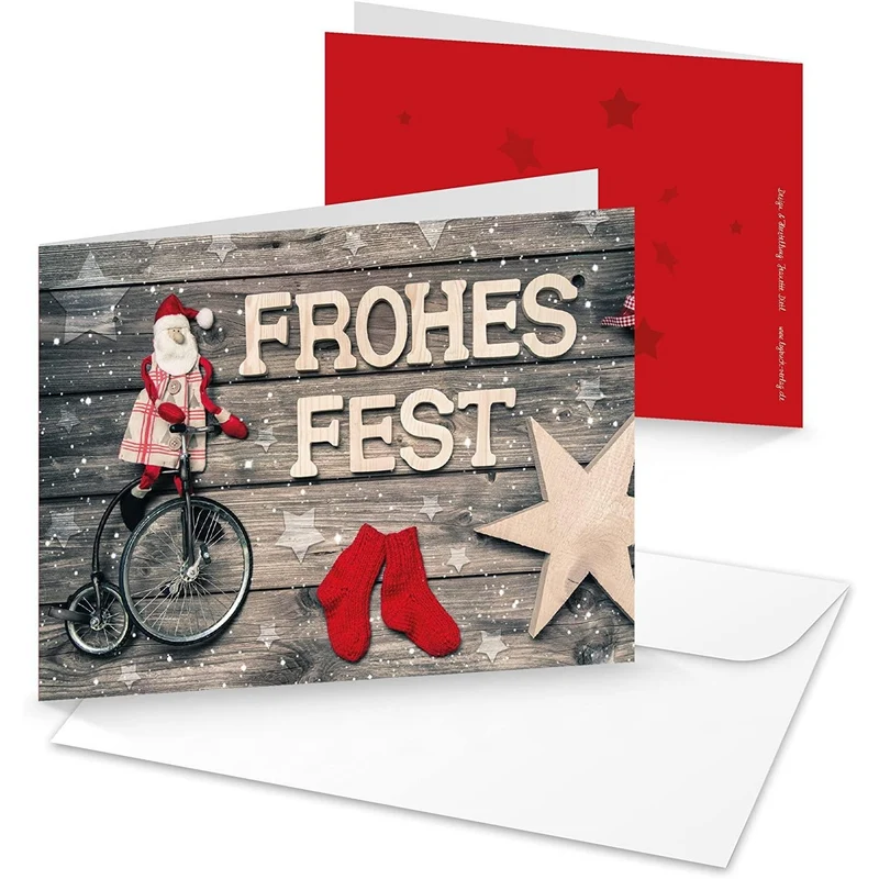 10 Weihnachtskarten DIN A6 Klappkarten mit Umschlag – Weihnachtsmann rot-grau in Holzoptik
