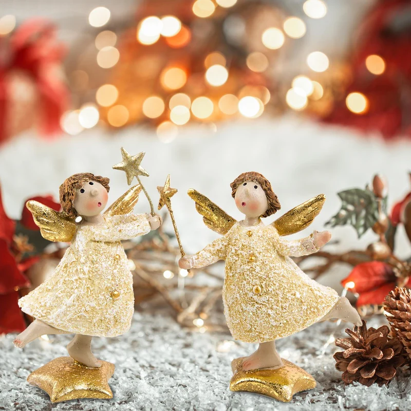 2 Engel Figuren Gold glitzernd stehend mit Stern 10 cm - Engelfiguren als Schutzengel Geschenk