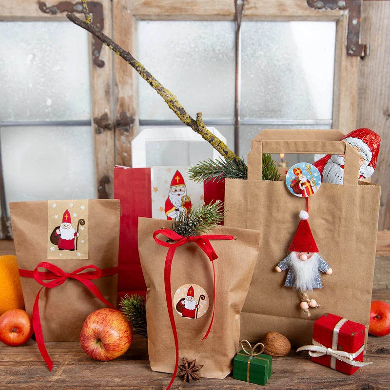 10 Aufkleber Sticker HEILIGER NIKOLAUS rot weiß natur Weihnachtsmann Geschenkaufkleber Weihnachten Banderole 5 x 14,8 cm Papiertüten verschließen Verpackung Geschenke Weihnachtsaufkleber