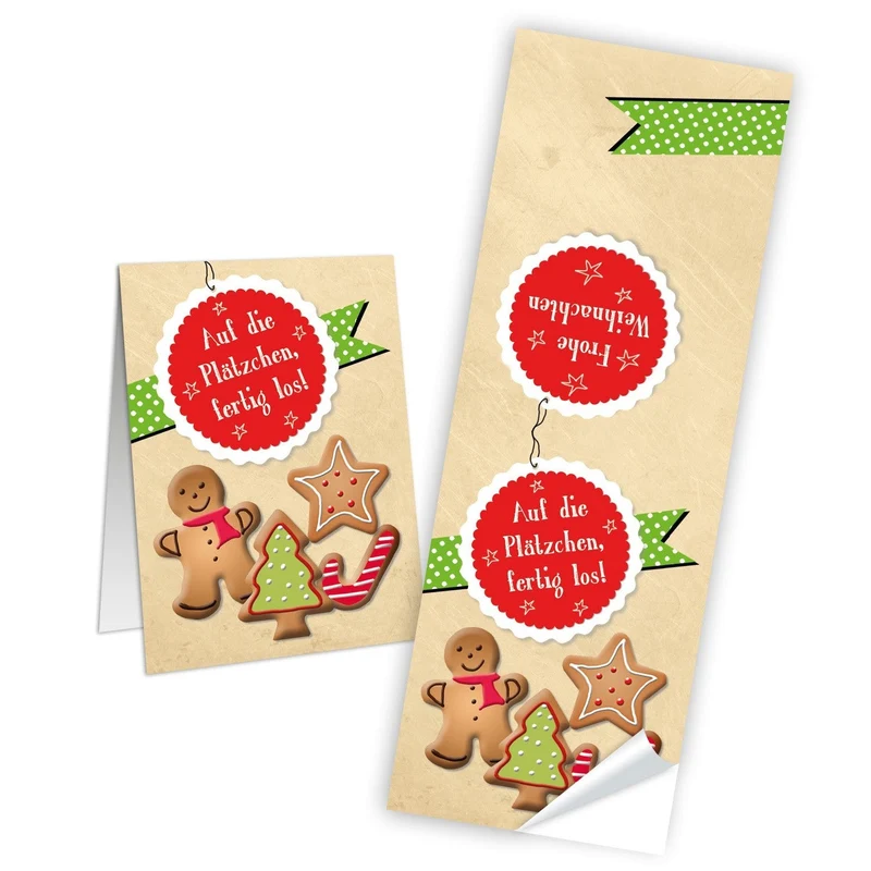 10 Weihnachts-Aufkleber 5 x 14,8 cm AUF DIE PLÄTZCHEN Aufkleber Weihnachten rot grün natur Lebkuchenmann Verpackung Papiertüten Geschenktüten zukleben zumachen Weihnachtsplätzchen Banderolen Sticker