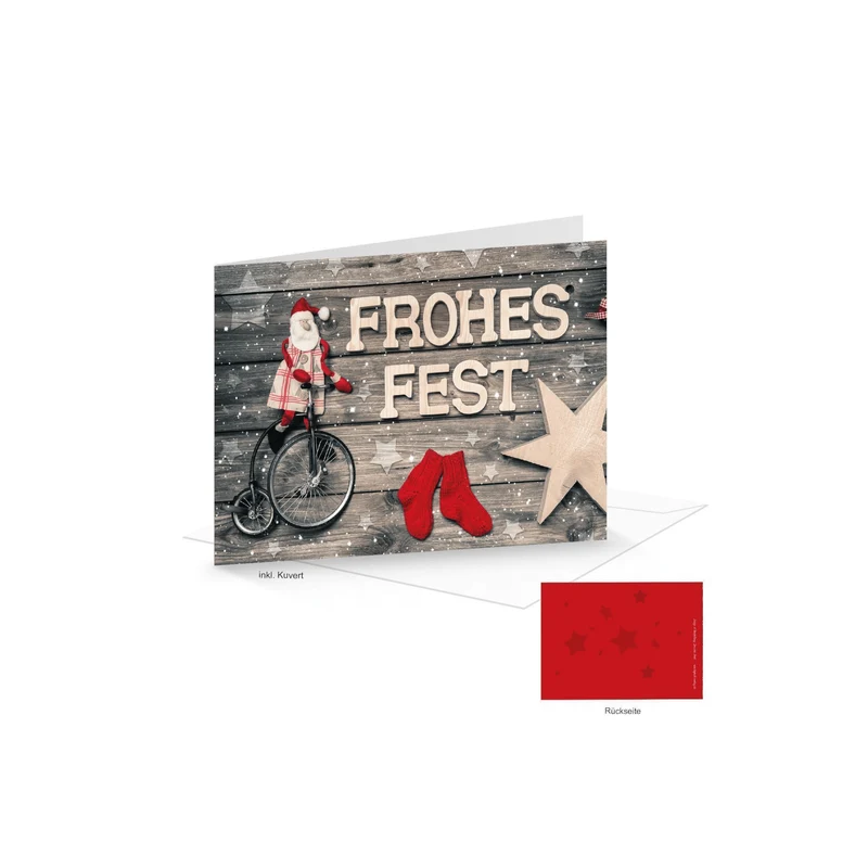 Weihnachtskarten DIN A6 quer Klappkarten mit Umschlag – Frohes Fest rot-braun in Holzoptik