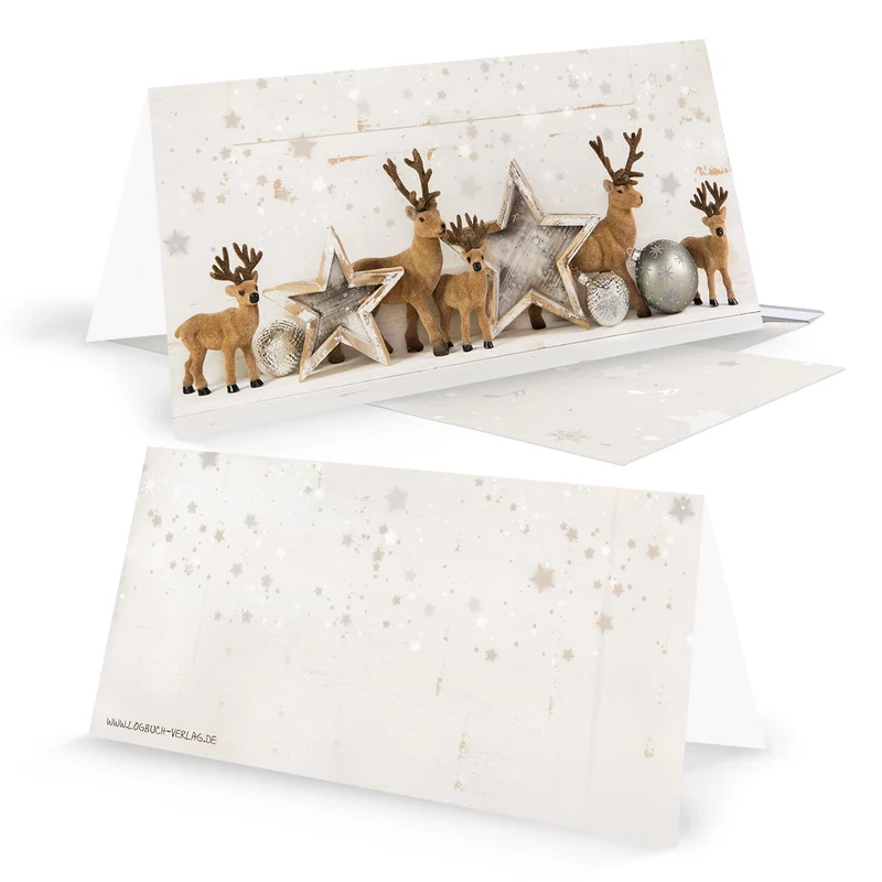 Weihnachtskarten DIN lang Klappkarten mit Umschlag – Hirsch beige-braun-gold Shabby Chic