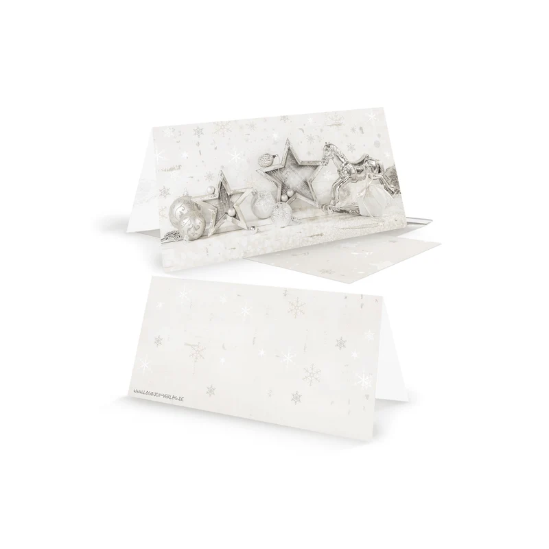 Weihnachtskarten DIN lang Klappkarten mit Umschlag – Schaukelpferd beige-silber innen blanko