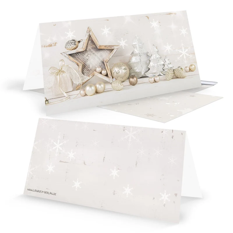 Weihnachtskarten DIN lang Klappkarten mit Umschlag – Sterne beige-gold-silber innen blanko