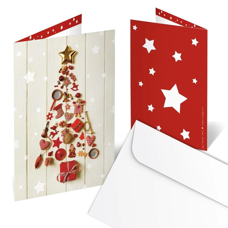 Weihnachtskarten DIN A6 hoch Klappkarten mit Umschlag – Weihnachtsbaum beige-rot innen blanko