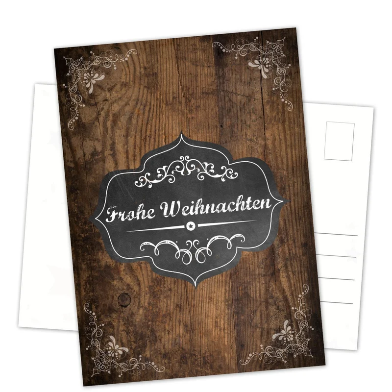 Weihnachtspostkarten DIN A6 hoch – Holzoptik dunkelbraun mit „Frohe Weihnachten“
