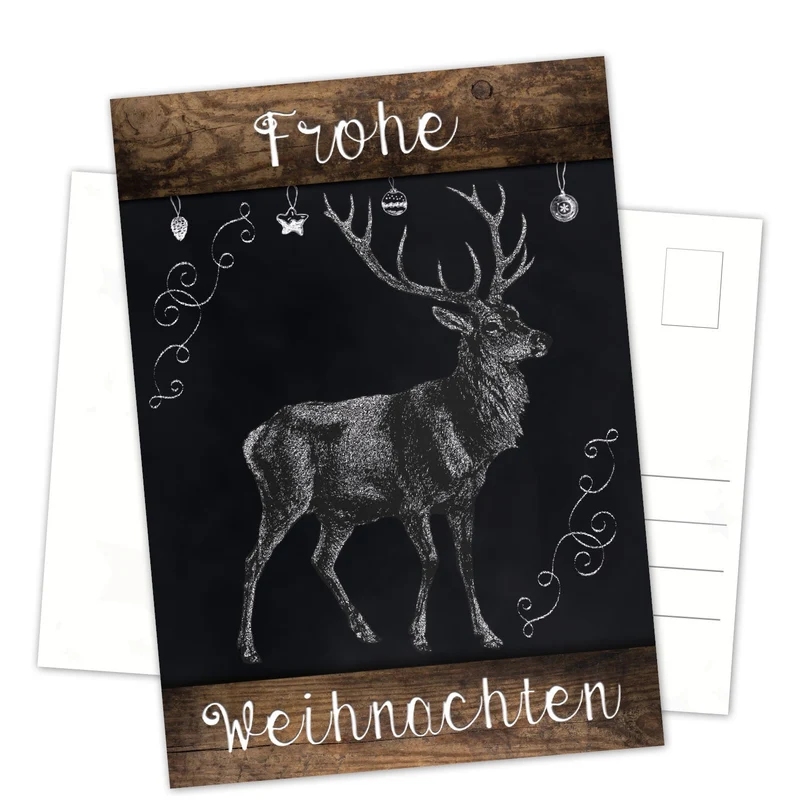 Weihnachtspostkarten DIN A6 hoch – Hirsch schwarz-weiß in Tafelkreide-Optik