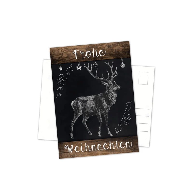 Weihnachtspostkarten DIN A6 hoch – Hirsch schwarz-weiß in Tafelkreide-Optik