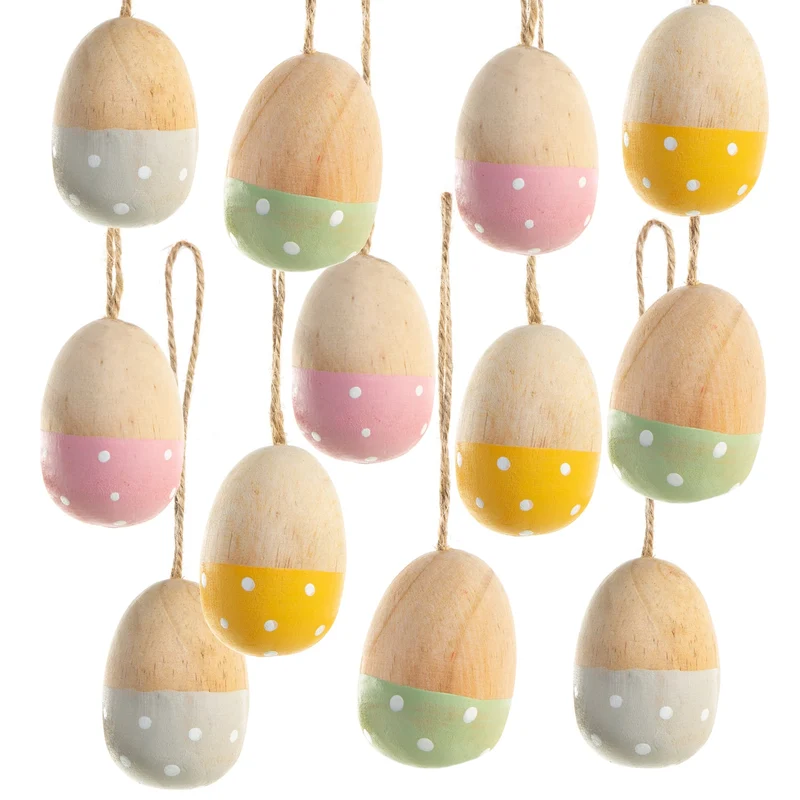 12 Ostereier zum Aufhängen in Natur bunt aus Holz - als Osterdeko Give-Away