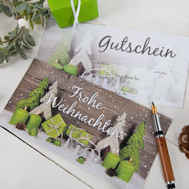 Weihnachtsgutschein DIN lang „Frohe Weihnachten“ doppelseitig in Grün-Grau