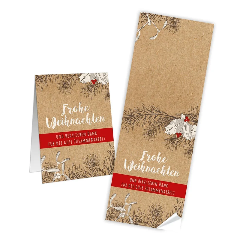 Weihnachtsbanderole Frohe Weihnachten Mistel braun rot 7,2 x 21 cm