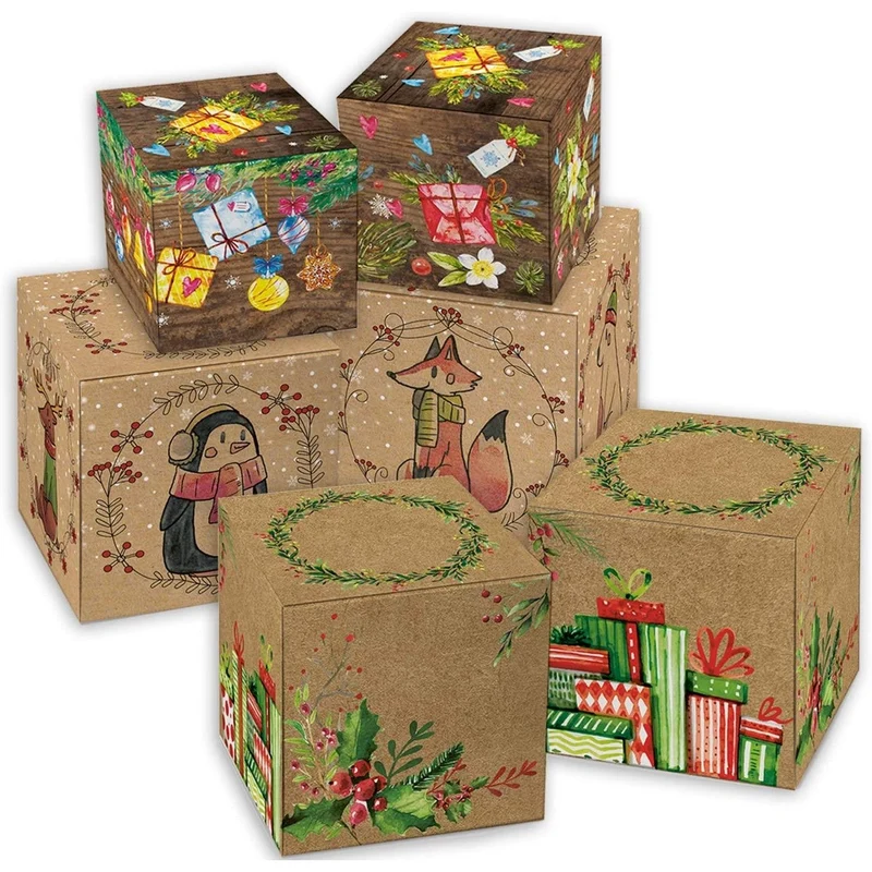 15 weihnachtliche Geschenkboxen braun-grün-rot im Set, drei Designs in zwei Größen
