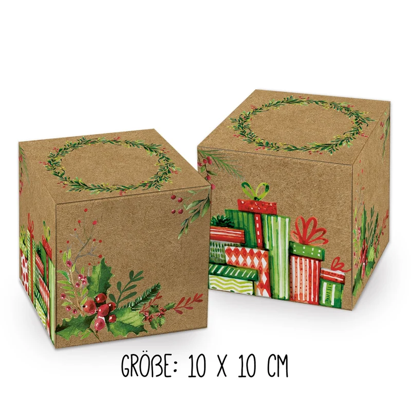15 weihnachtliche Geschenkboxen braun-grün-rot im Set, drei Designs in zwei Größen