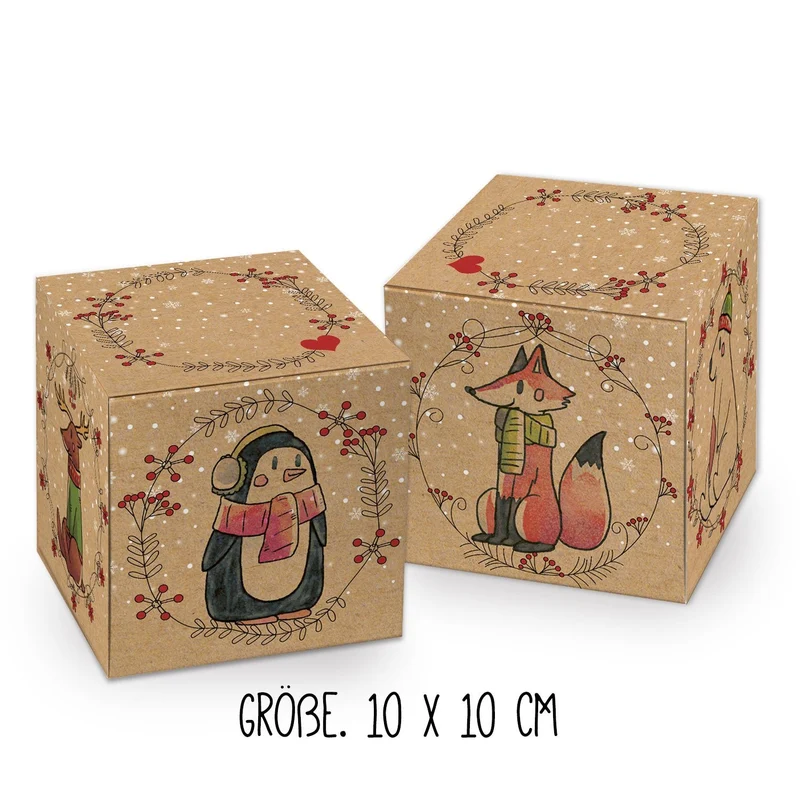 15 weihnachtliche Geschenkboxen braun-grün-rot im Set, drei Designs in zwei Größen