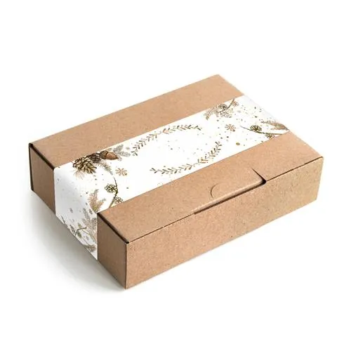 Weihnachtsbanderole Zweige und Zapfen weiß beige gold 5 x 42 cm