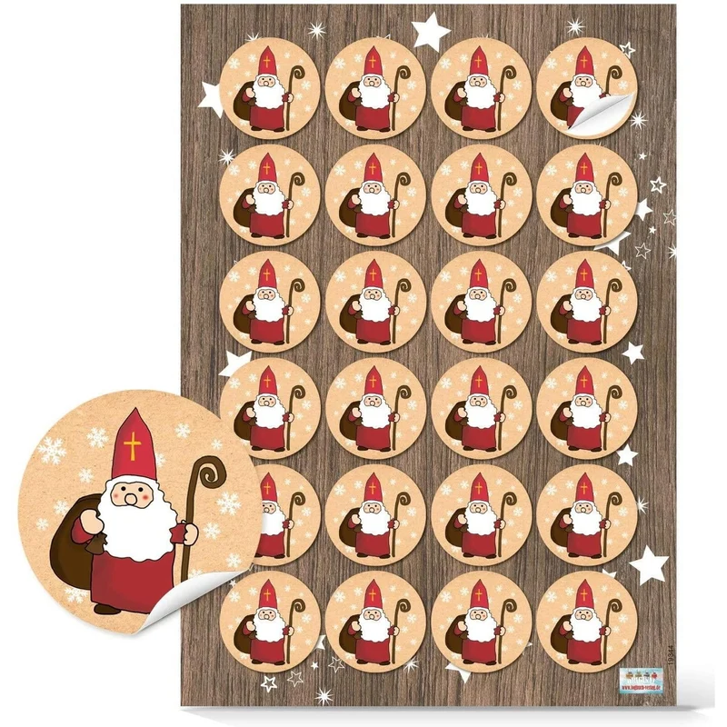Logbuch-Verlag 24 kleine Nikolaus Aufkleber beige rot weiß - rund 4 cm - Nikolausaufkleber Weihnachtsmann Sticker als Verzierung für Nikolausgeschenke