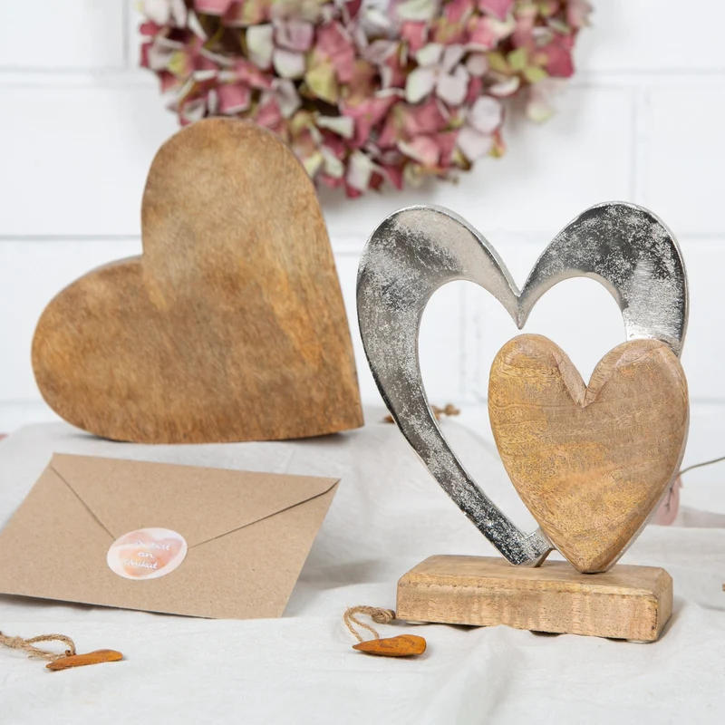 Herz aus Holz & Metall zum Hinstellen - 21 cm braun silber - für Geburtstag Valentintstag