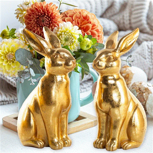 2 goldfarbene Osterhasen Figuren aus Keramik 22 cm
