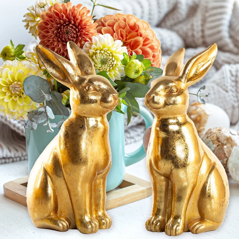 2 goldfarbene Osterhasen Figuren aus Keramik 22 cm