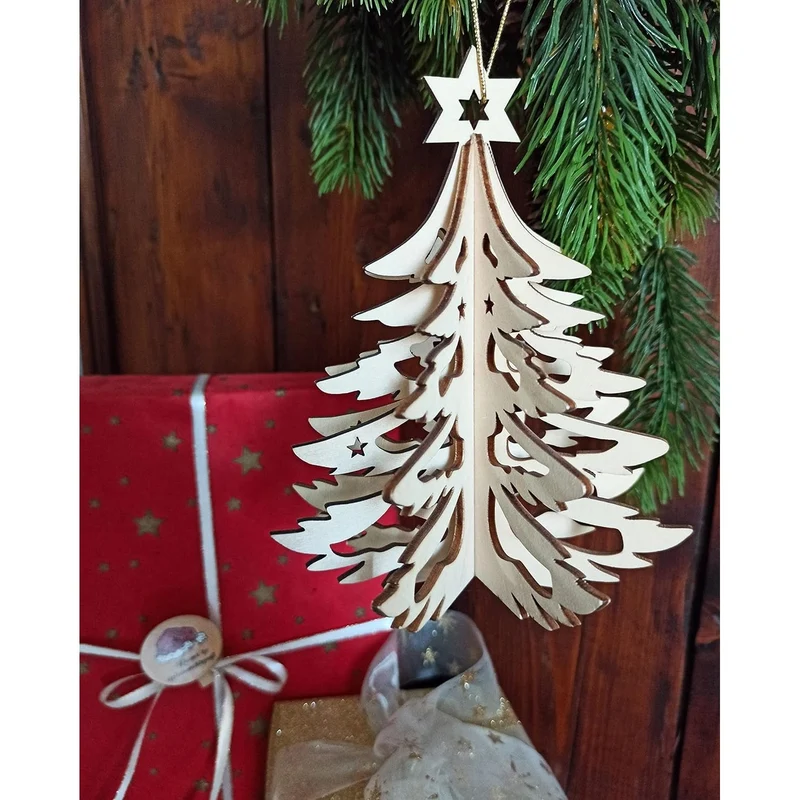 4 Weihnachtsbäume aus Holz - 15 cm Natur braun - zum Aufhängen