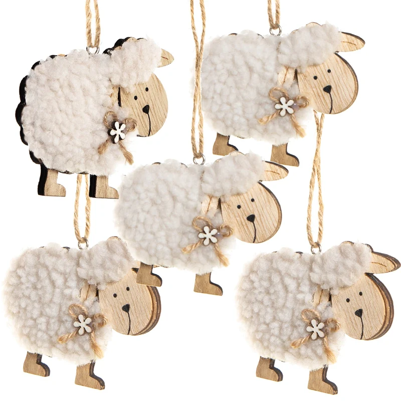 Logbuch-Verlag 5 Osteranhänger Schafe 9 cm Schafanhänger mit Schnur zum Aufhängen Osterdeko Schäfchen Deko Ostern aus Holz