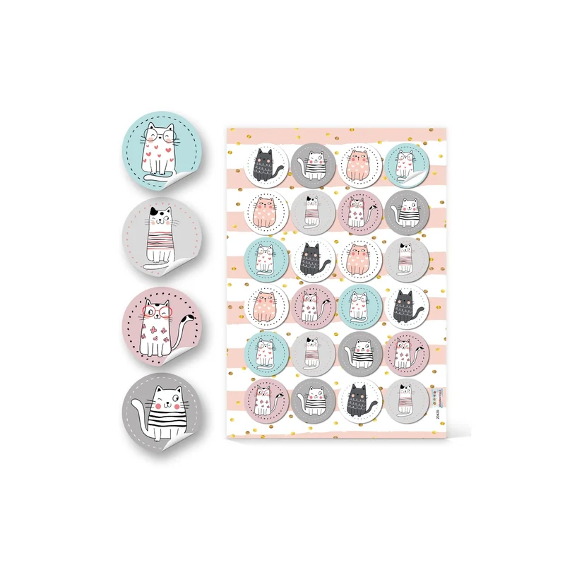 Logbuch-Verlag 24 runde Katzen Aufkleber mit rosa blau weiß - Tieraufkleber Katzensticker für Kinder