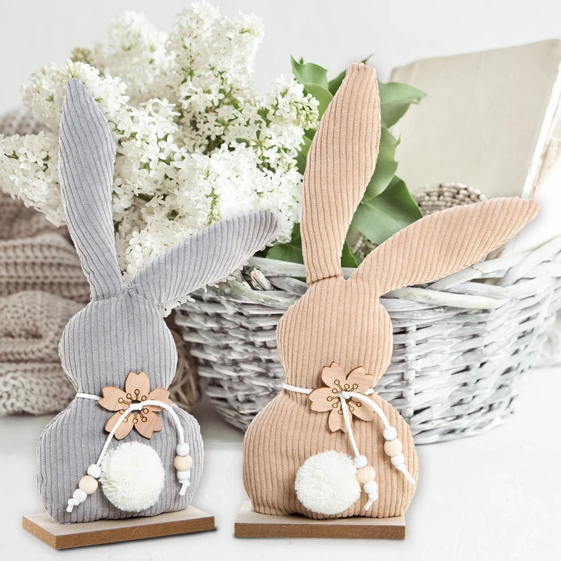 2 große Osterhasen Figuren 29 cm aus Samtcord & Holz beige grau