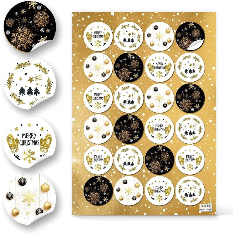 24 Weihnachtsaufkleber MERRY CHRISTMAS + 24 Herz Sticker gold schwarz weiß