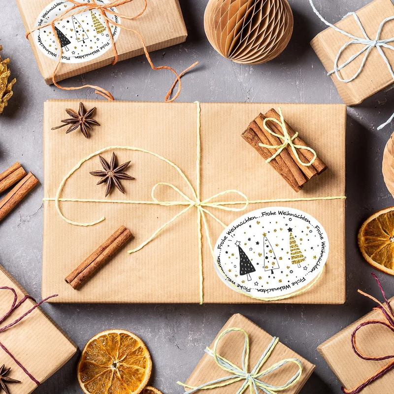 200 Frohe Weihnachten Aufkleber auf Rolle - weiß schwarz gold
