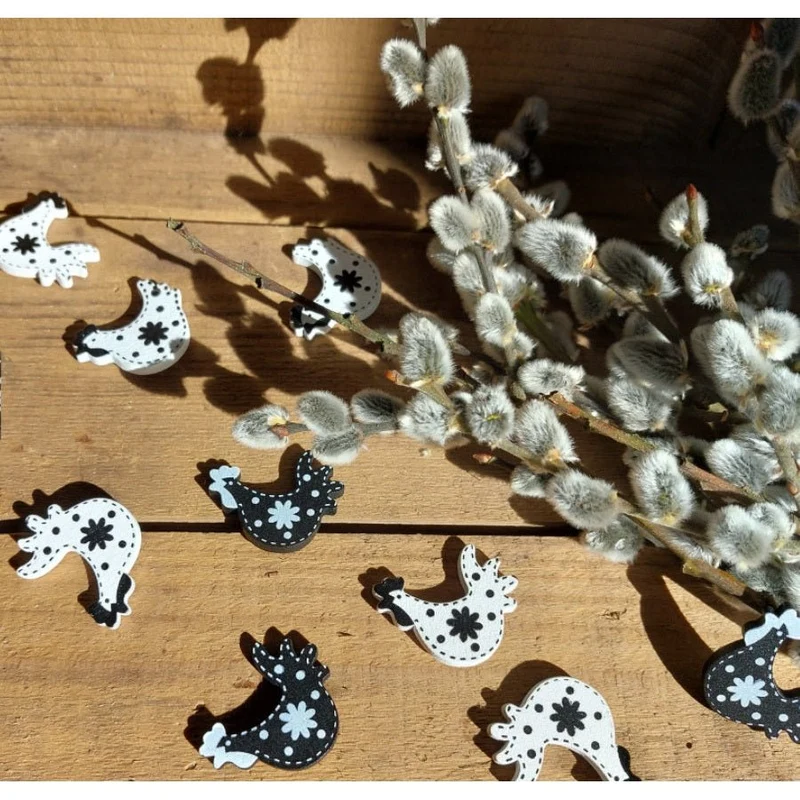24 Mini Hühner - Hahn und Henne - aus Holz zum Streuen Osterdeko schwarz-weiß 3 cm