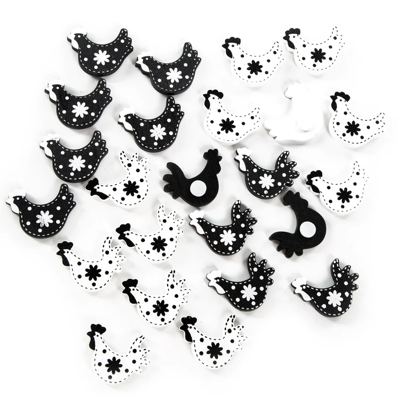24 Mini Hühner - Hahn und Henne - aus Holz zum Streuen Osterdeko schwarz-weiß 3 cm