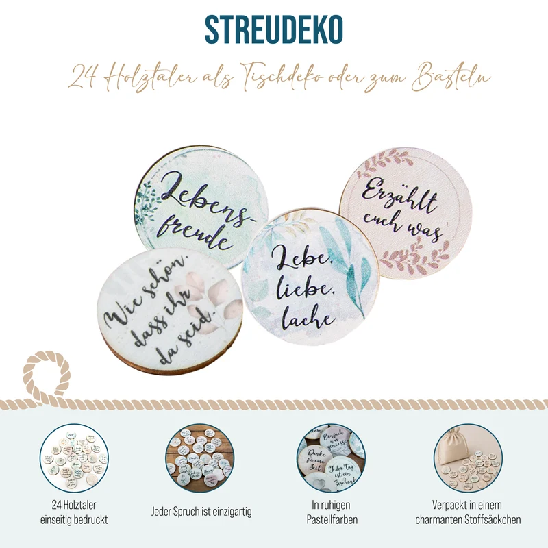 24 Glückssteine aus Holz - Pastell Hygge Ø 4 cm