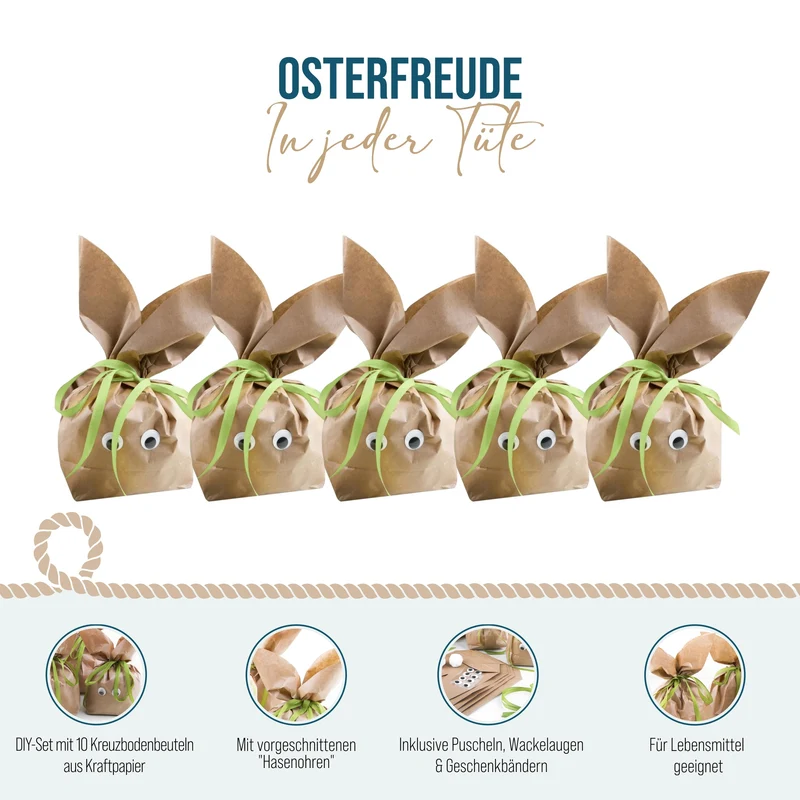 Logbuch-Verlag 10 Hasentüten aus Kraftpapier natur grün - Osternest Geschenktüten als Verpackung Ostergeschenk für Kinder Kollegen Kunden - DIY Ostertüte